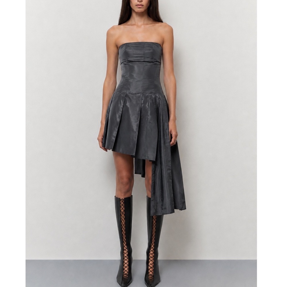 MIISTA Lucrezia Pleated Dress Womens Small Dark Grey Silk Asymmetrical Strapless
